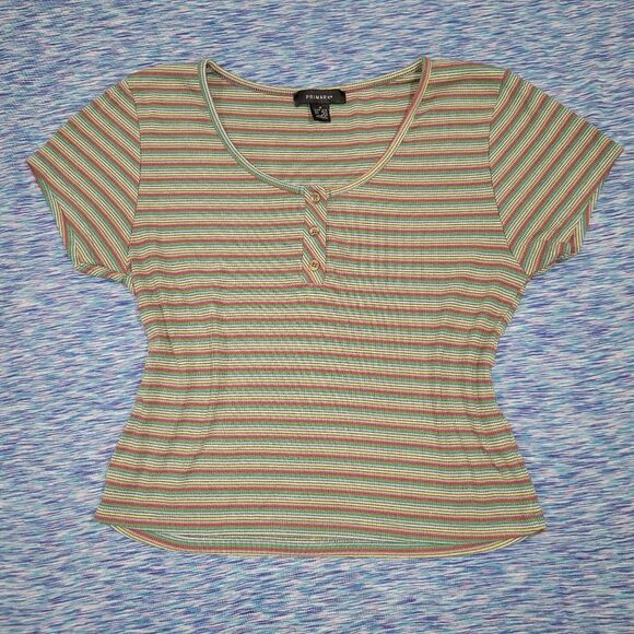 Primark size medium red green multicolored stripped short sleeve tee shirt - Picture 2 of 6